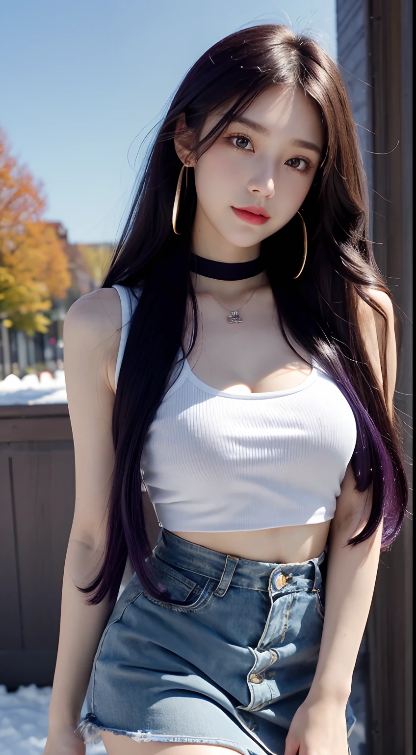 (Masterpiece), (Best quality), in fall, Snow, Realistic, Real, Huge_filesize, Gradient_Background, the wallpaper, Girl, Long hair, Purple hair, Wavy hair, Beautiful detailed eyes, Light smile, eye bags, Medium breasts, tanks_Top, Crop top, Miniskirt, fishnets pantyhose, Earrings, ribbon_choker necklace, necklace,