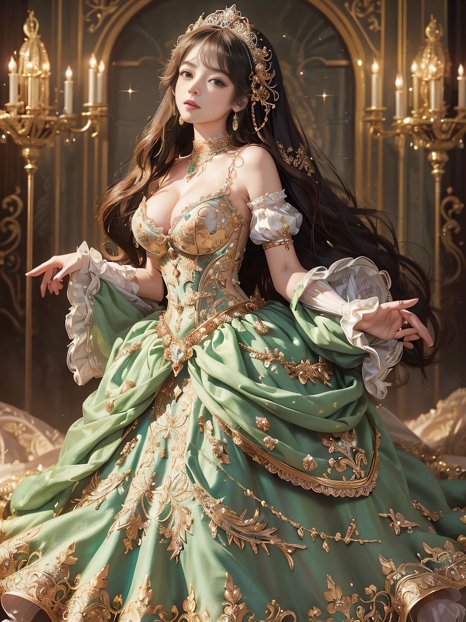 ((anime art style)),(masutepiece),(Best Quality), (Super Detail),((Very delicate and beautiful)),((Solo)),(Full body),(((One sparkly princess in a gorgeous rococo ball gown dress with beautiful embroidery and jewels and a full-length hoop skirt))),((bling bling)),Long Train,(Gorgeous gemstone jewelry with sparkly),Detailed face and eyes,Eyes Like Gems,(Seductive smile),((very voluminous and very long hair,Straight hair)),((Colossal tits,long boobs)),cleavage,(gorgeous embroidery and lace),Gorgeous corsage,See-through,Very gorgeous hair ornament,Tiara adorned with sparkly and very gorgeous jewels,ornate ruffles,(hoop skirt,crinoline),((Dynamic Angle)),Looking at Viewer,((Very gorgeous rococo ball gown dress with beautiful embroidery and jewels、Full-length hoop skirt))