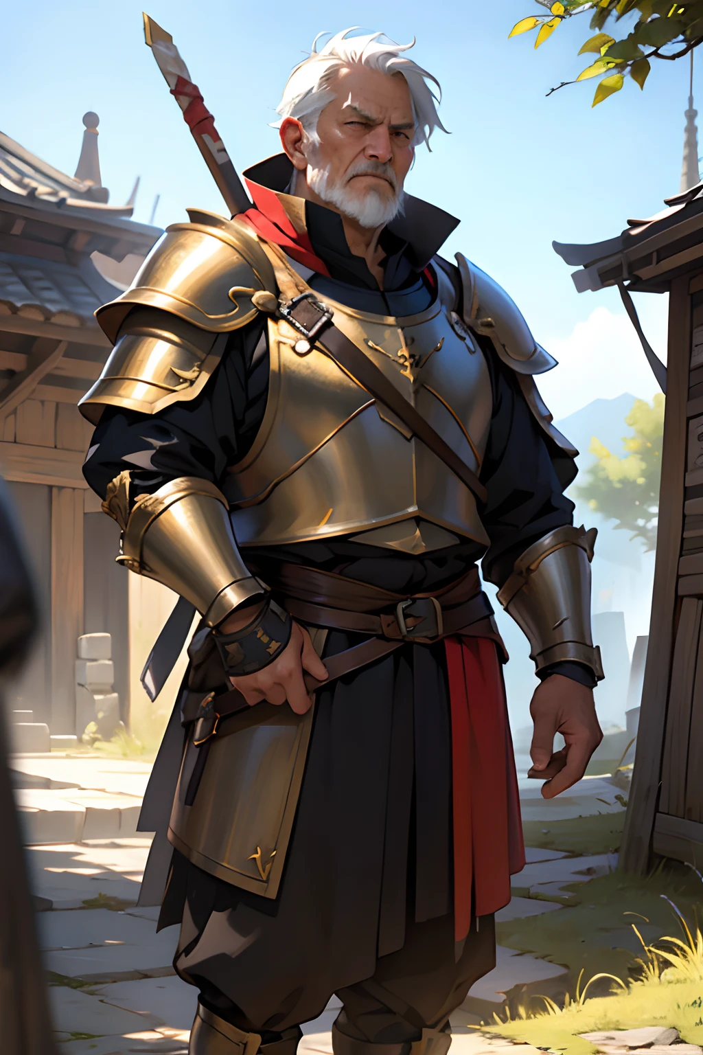 Guard Best Quality, tmasterpiece, extra high resolution, Detailed background, realisti, 独奏, ember, old, an old man, humanoid, heavy armor, Guard's Outfit, Guardian's Attire, Guard, Medieval Guard, Medieval Guard Clothing , spearman, chaotic–neutral, , Horror \(subject\),Dark Fantasy, Good Guy , knave, Depth of field,