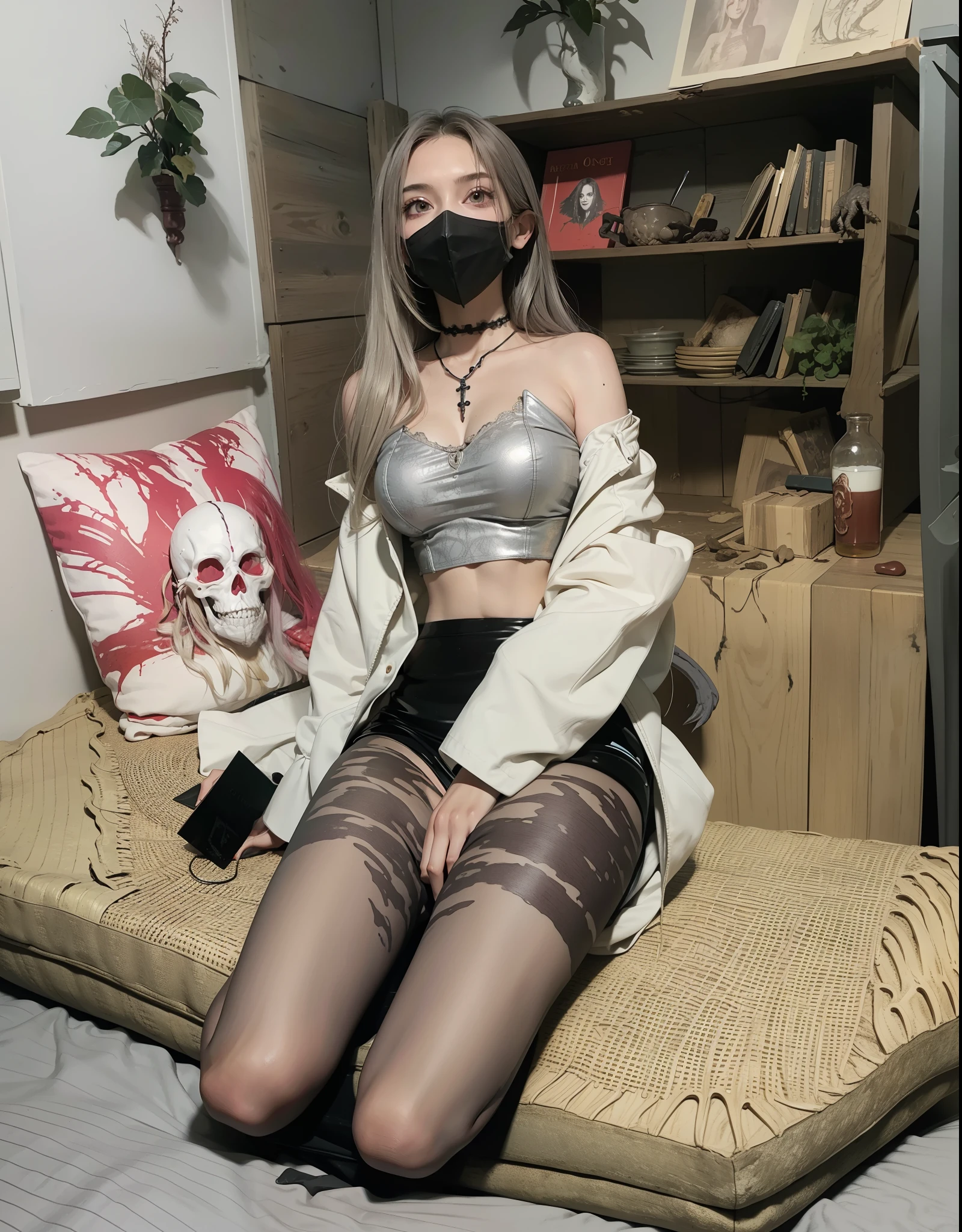Blonde shorthair Korean girl、Black leather shorts、(((Black tights)))、Purple Oversize Boa Sweater、Slightly lean eyes、Dark eyeshadow、(((Lying on your back and spreading your legs wide、I'm showing my crotch to this)))、(((Spit out a large amount of white condensed milk from the mouth)))