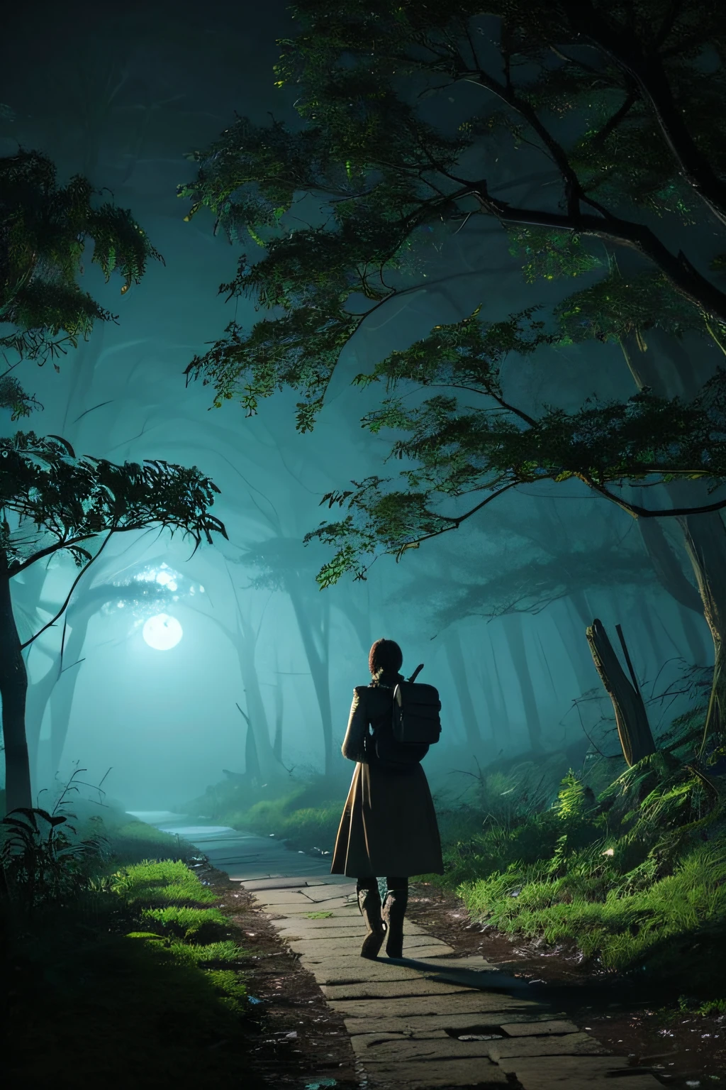 In a terrifying fairytale swamp under the moonlight, With travelers (Best Quality,4K,8K,hight resolution,masutepiece:1.2),Ultra-detailed,(Realistic,Photorealistic,Photorealsitic:1.37), nffsw, nffsw, Studio Lighting, extreme detail description, Professional, Vivid colors, Bokeh, creepy atmosphera, darker shadows, glowing plants, foggy environment, Mysterious creatures that appear, Moonlight reflects off the surface of the water, and moss-covered rocks, Creepy tree branches stretching out, thick mist, A lonely traveler navigating the swamps with caution, Intense sense of crisis, Moonlight illuminating the winding road, The sound of a distant howl, The muffled croaking of a frog, An eerie silence broken by rustling leaves, An ominous secret hidden beneath the murky surface of the water, Dense vegetation that creates a claustrophobic atmosphere, Unforgettable beauty, Sinister energy filling the air, The frightened look of the traveler, Clinging to the lantern to limit visibility, Worn-out backpack, Tattered map, Signs of the presence of previous explorers, Trembling crawling down the spine, Pounding in the heart, A mysterious foggy figure lurking in the distance, Paranormal Beings, Traveler's footprints slowly disappearing, A traveler's desperate escape from a cursed swamp.