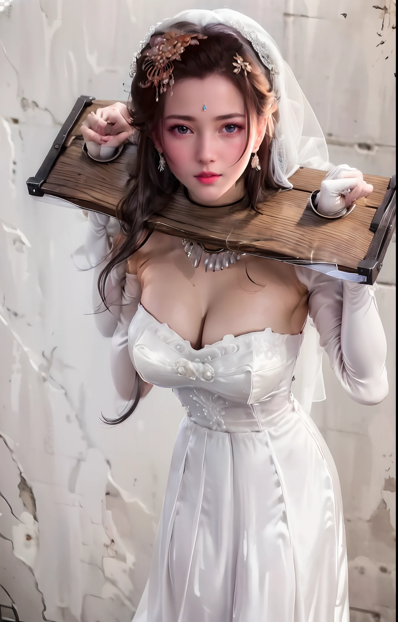 Close-up of a beautiful bride in a beautiful wedding dress, Gurvetz,（ pillory：1.5）, Flail on the head, Flail on the hands, Flail,(Bridal veil: 1.5), (Short transparent veil: 1.5), Flushed face, Head flower, head gear, (Tubular wedding dress: 1.5), (Silk dress: 1.2 ), (Strapless wedding dress: 1.5), Pure white dress, necklace, Earrings, (Huge breasts: 1.3), Deep V heart collar wedding dress, bangs, lipstick, (Lace gloves: 1.3), Full body photo, High detail RAW color art, a white long skirt, Whole body, with hands behind her back, and floor-length skirts,