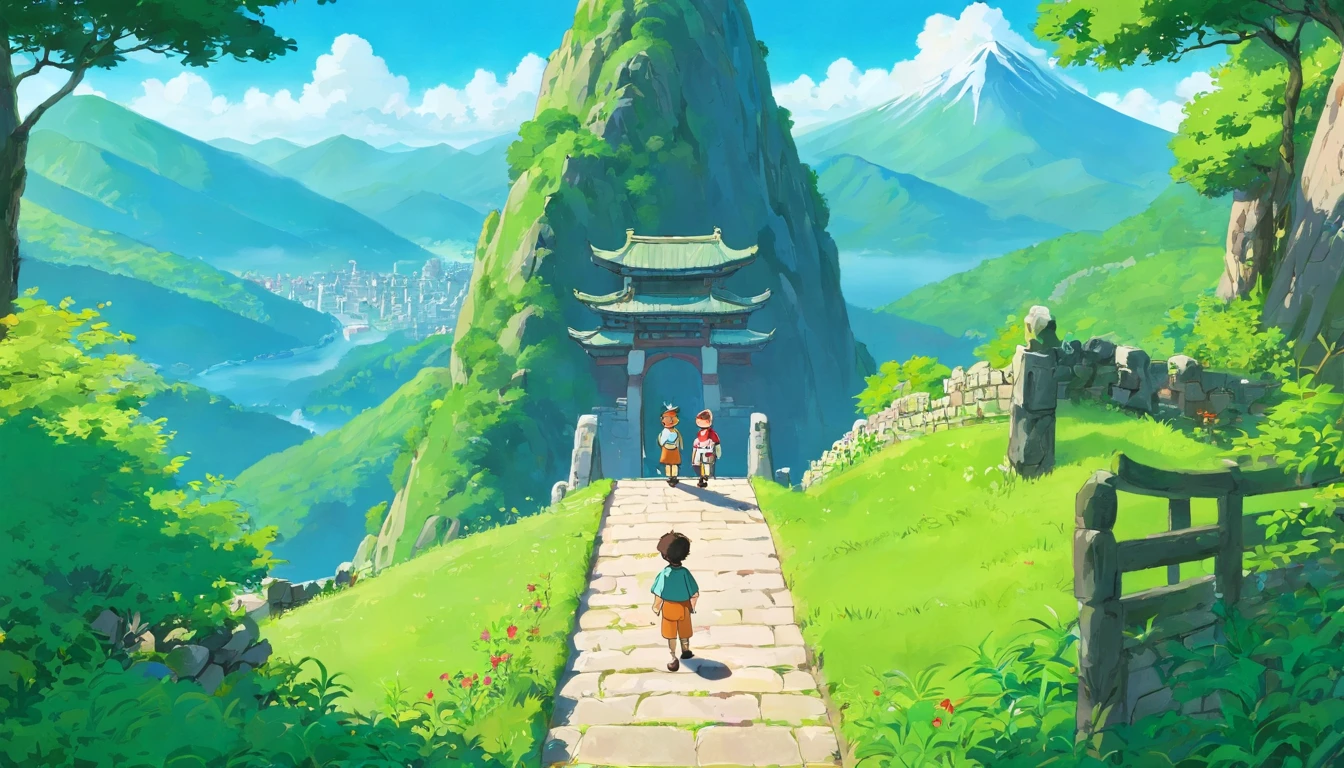 Two  boys，One tall and one short，Stand on a mountain path surrounded by greenery，In front of him is a Zhuang gate。Surrounded by mountains and forests，The picture is presented from a third perspective