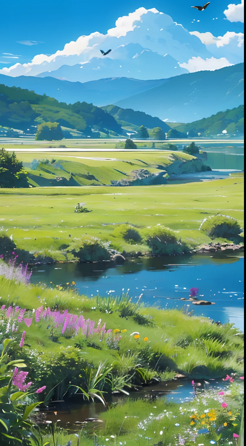 Distant scenery,Green mountains,clear blue skies,Flocks of birds fly in the sky,There are butterflies everywhere,Small river around,tussock,There are flowers on the ground,a warm color palette