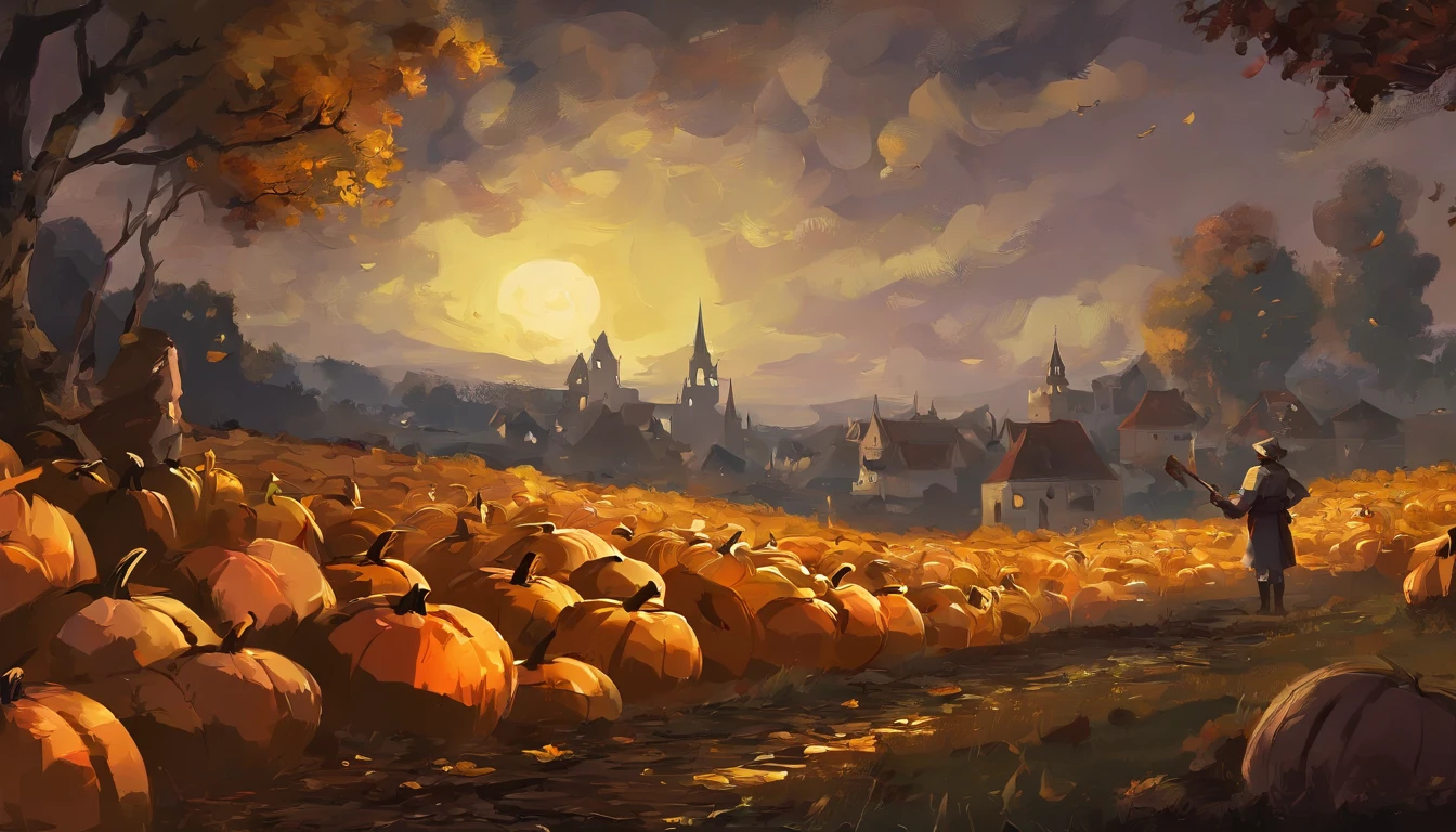 オイル, pinceladas, Goteos de pintura, A scene with many pumpkins of different sizes with happy children playing around while the peasants sow, paisaje de campo abierto con gran detalle del cielo, Barroco, Dramatic contrasts between light and dark, Intensidad emocional, Tenebrismo, Bordes suaves, oil on canvas, Romanticismo, Barroco, Realismo, claroscuro, Edad de Oro holandesa, Masa, por Rembrandt van Rijn, por Rembrandt, rico, Colores profundos, Ebenenbild, which is shaded by cells, golden section, Premios ganadores, Profesional, Altamente detallado, complicado, volumetric illumination, splendid, Obra maestra, foco nítido, Profundidad de campo, Perfectcomposition, Laureado, Artstation, Acrylic, Tendencias Pixiv Fanbox, palette knife and brush strokes, 16K High Resolution, UHD