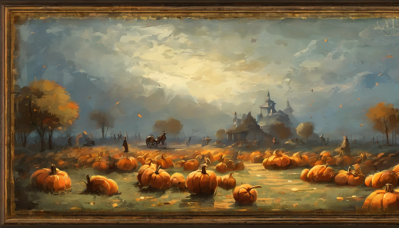 オイル, pinceladas, Goteos de pintura, A scene with many pumpkins of different sizes with happy children playing around while the peasants sow, paisaje de campo abierto con gran detalle del cielo, Barroco, Dramatic contrasts between light and dark, Intensidad emocional, Tenebrismo, Bordes suaves, oil on canvas, Romanticismo, Barroco, Realismo, claroscuro, Edad de Oro holandesa, Masa, por Rembrandt van Rijn, por Rembrandt, rico, Colores profundos, Ebenenbild, which is shaded by cells, golden section, Premios ganadores, Profesional, Altamente detallado, complicado, volumetric illumination, splendid, Obra maestra, foco nítido, Profundidad de campo, Perfectcomposition, Laureado, Artstation, Acrylic, Tendencias Pixiv Fanbox, palette knife and brush strokes, 16K High Resolution, UHD