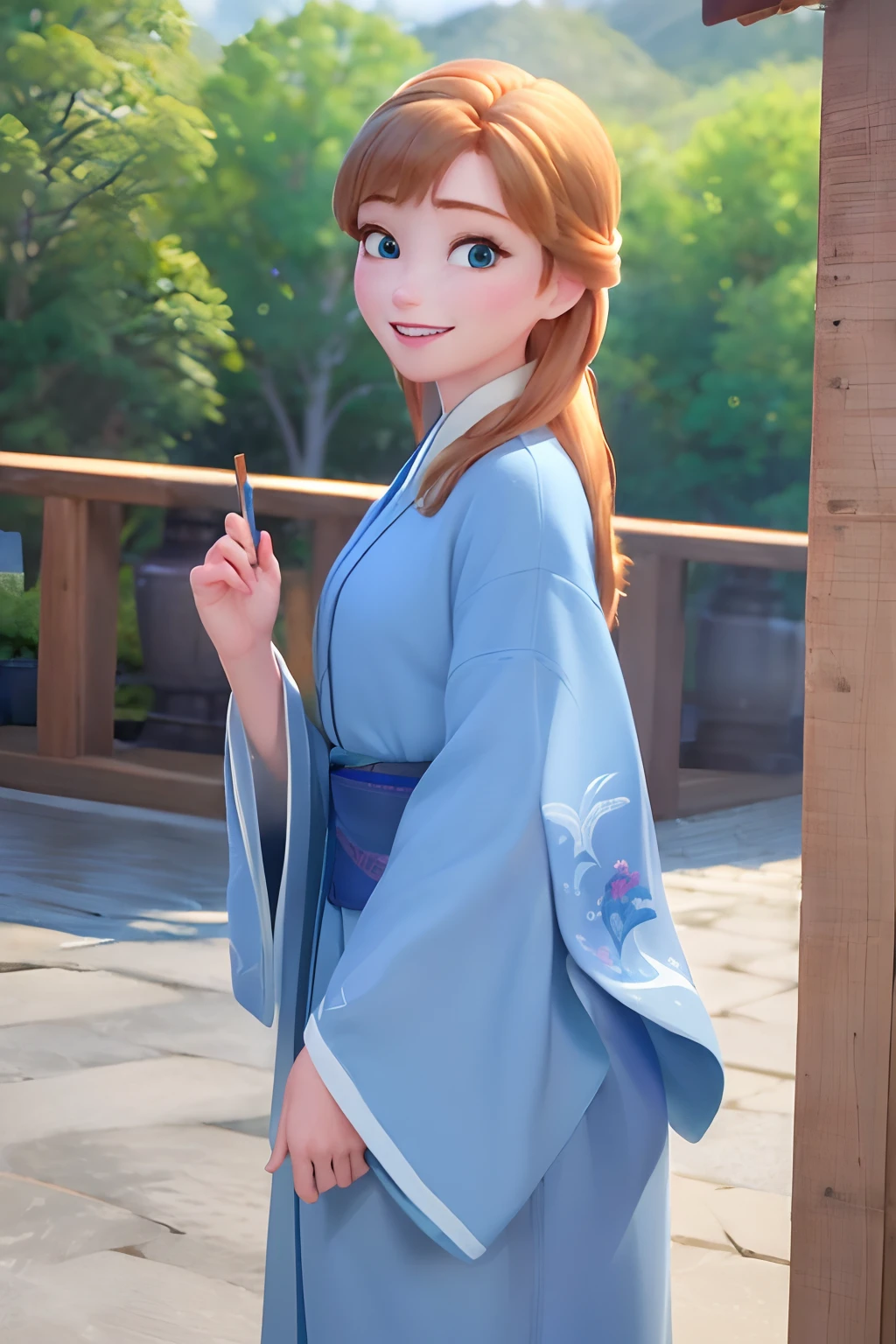 (masterpiece:1.4), (best qualit:1.4), (high resolution:1.4), 
anna of arendelle, blue kimono, long hair,
outdoors, 
looking at viewer, smile,