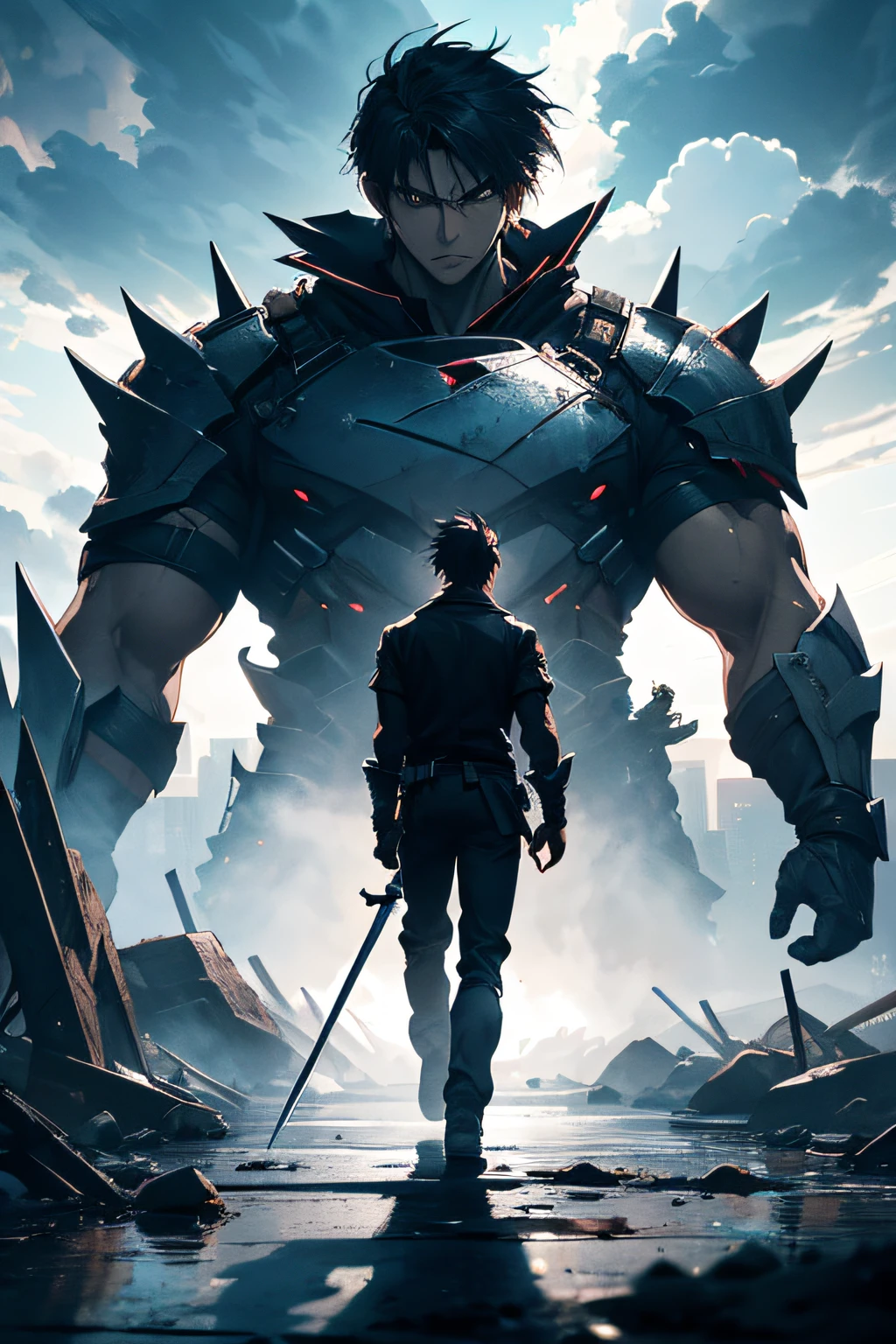 Generate an intense and action-packed description for an anime-style image. The scene should feature a determined man holding a gleaming sword, standing resolutely in front of a massive, menacing monster. Describe the man's appearance, the details of his sword, the ferocious appearance of the monster, and the tension in the air as the two confront each other."