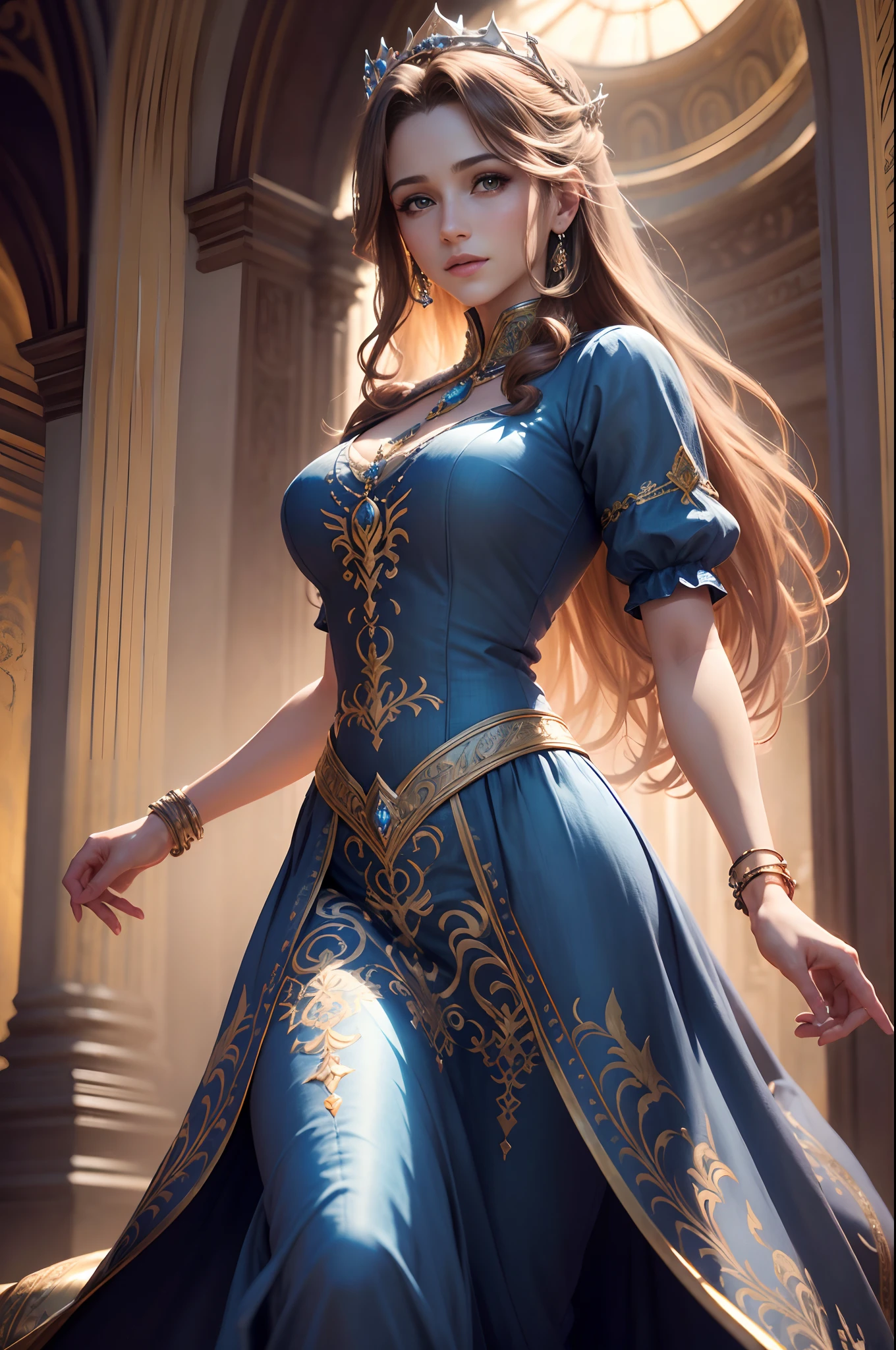 (highres, ultra-detailed, realistic:1.37), aerith, final fantasy, beautiful body, beautiful detailed eyes, detail-oriented nose, luscious lips, long flowing hair, radiant smile, elegant crown, royal attire, intricate jewelry, graceful pose, enchanting expression, majestic church in the background, vibrant colors, soft lighting, regal atmosphere, atmospheric perspective, stunning landscape, floating clouds, magical aura, timeless beauty, intricate patterns, ethereal ambiance, striking contrast, dreamlike quality, cinematic composition, blue dress, birds