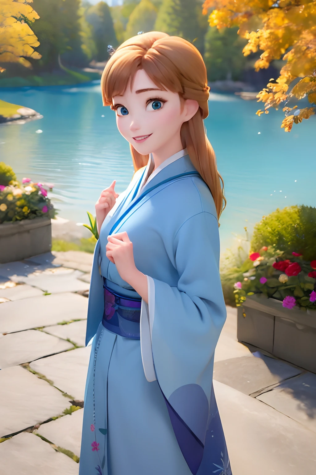 (masterpiece:1.4), (best qualit:1.4), (high resolution:1.4), 
anna of arendelle, blue kimono, long hair,
outdoors, 
looking at viewer, smile,
