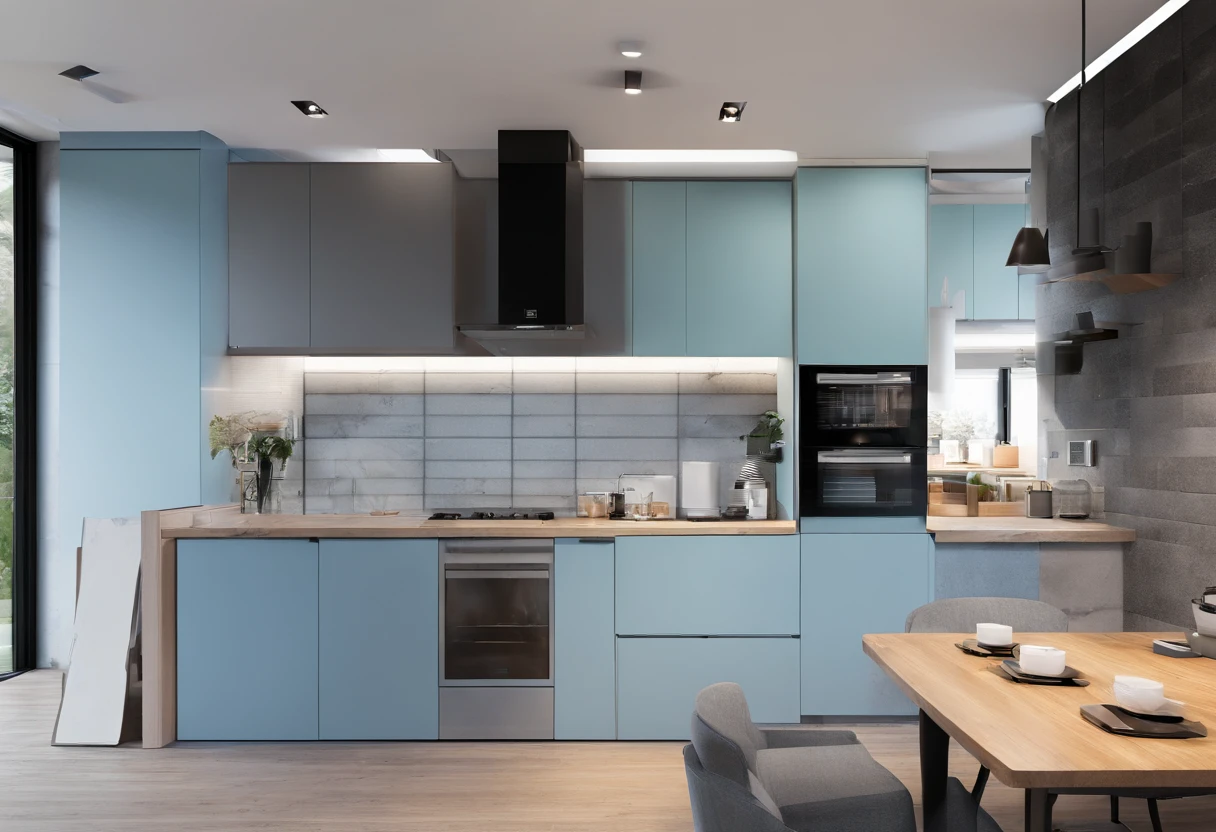 Kitchen design is 5m wide, 6m long, light blue, L-shaped kitchen, gray stone surface, light-colored dining table, 8 chairs, black ceiling fan, wooden floor, with cupboards