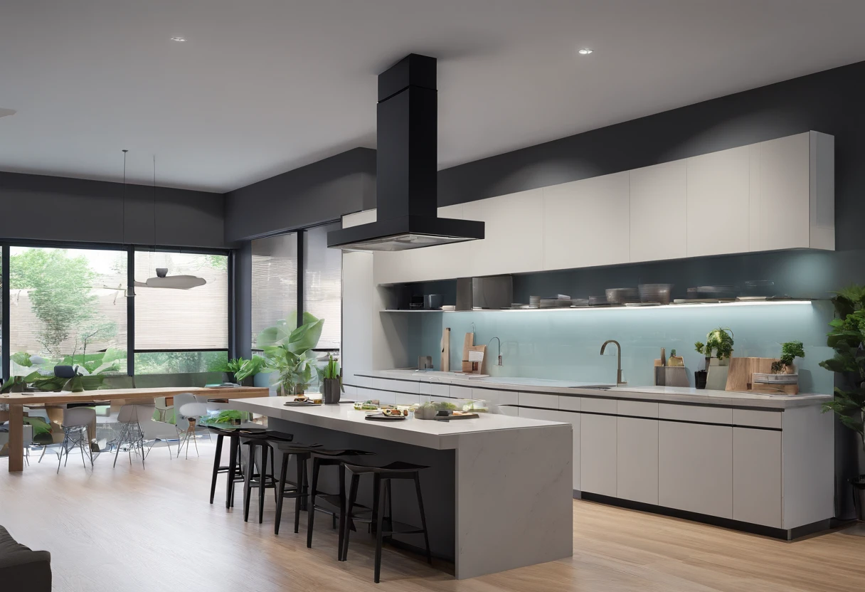Kitchen design is 5m wide, 6m long, light blue, L-shaped kitchen, gray stone surface, light-colored dining table, 8 chairs, black ceiling fan, wooden floor, with cupboards