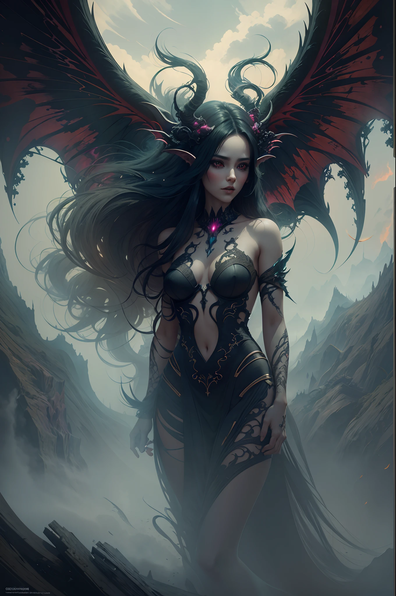 Storyboard, masterpiece, best quality, absurdres, intricate), fantasy, (succubus, extremely alluring and sensual, looking at viewer, (floating long hair)), (standing over a hellish landscape), colorhalf00d, fog, smoke, haunting, spooky, creepy, dark themed, 8k GC wallpaper, Trending on artstation, octance render, unreal engine, volumetrics dtx, award winning digital art, ink, official art, painting by anna dittmann,