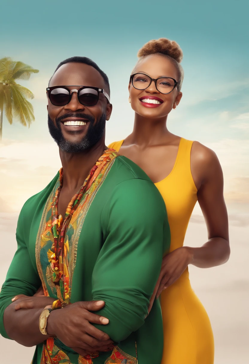 Imagine a photorealistic middle age handsome african man wearing glasses with a strong chin, short beard, ponytail hair with a tight outfit and a white woman wearing glasses with a smile, colorful clothes on a plain white background