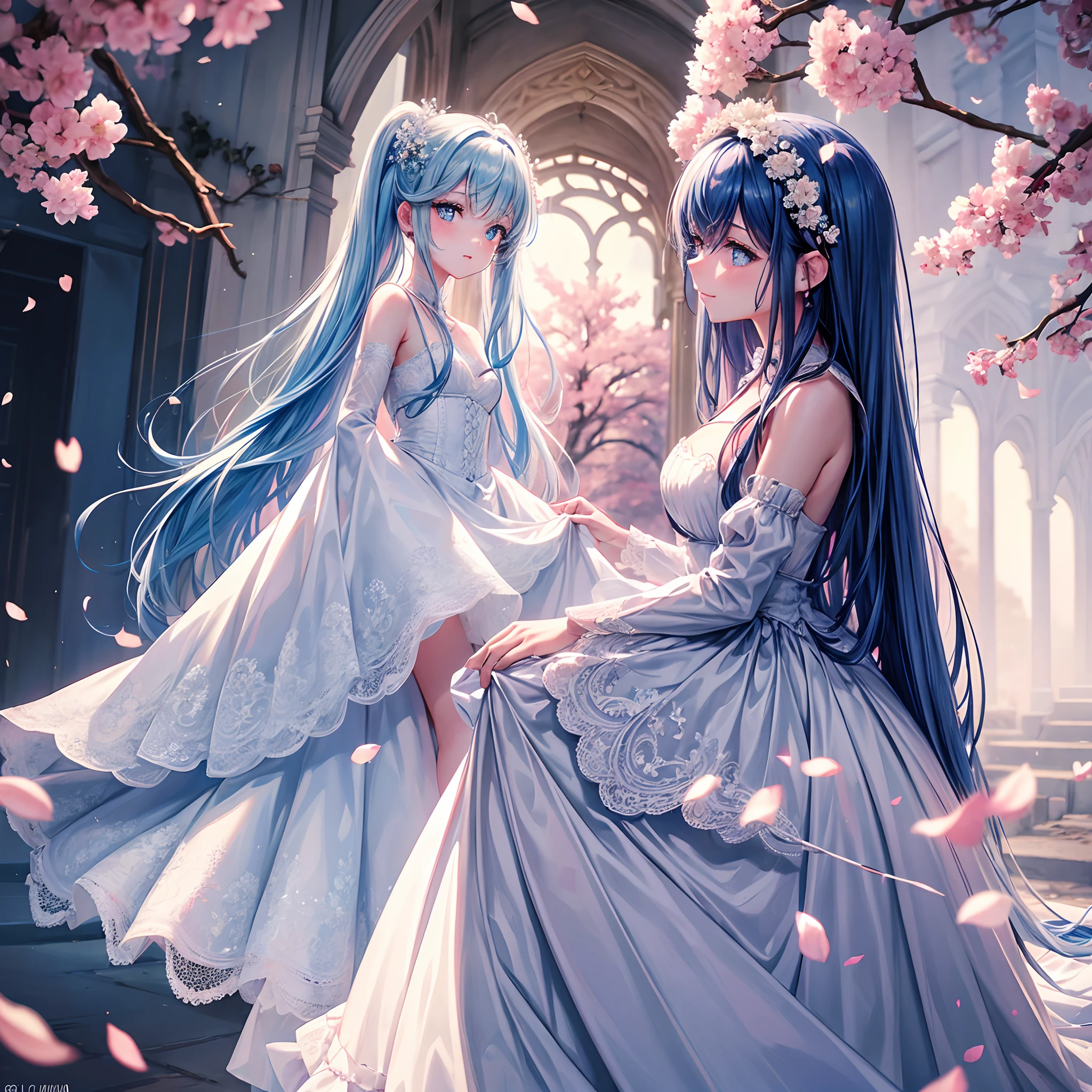 cherry_blossoms, Falling_petals, petals, branch, Pink_flower, 1girll,20yr old, Blue_sky, Spring_\(season\), petals_On_Liquid, flower, hanami, dress, (Long straight blue hair：1.5), Wear a garland, sky,exteriors，​​clouds，By bangs，ssmile，Blue eyes，White wedding dress，white lace legwear，Diamond crystal heels，Lace gloves，exposed bare shoulders，diamonds earrings，Detail enhancement。Slim hands，perfect hand，Holding_flower，ventania，The tree，Looking_at_peeping at the viewer，best qualtiy，detail-rich，Bra suspenders，Golden ratio figure，Thin waist，slenderlegs，Perfect image quality。