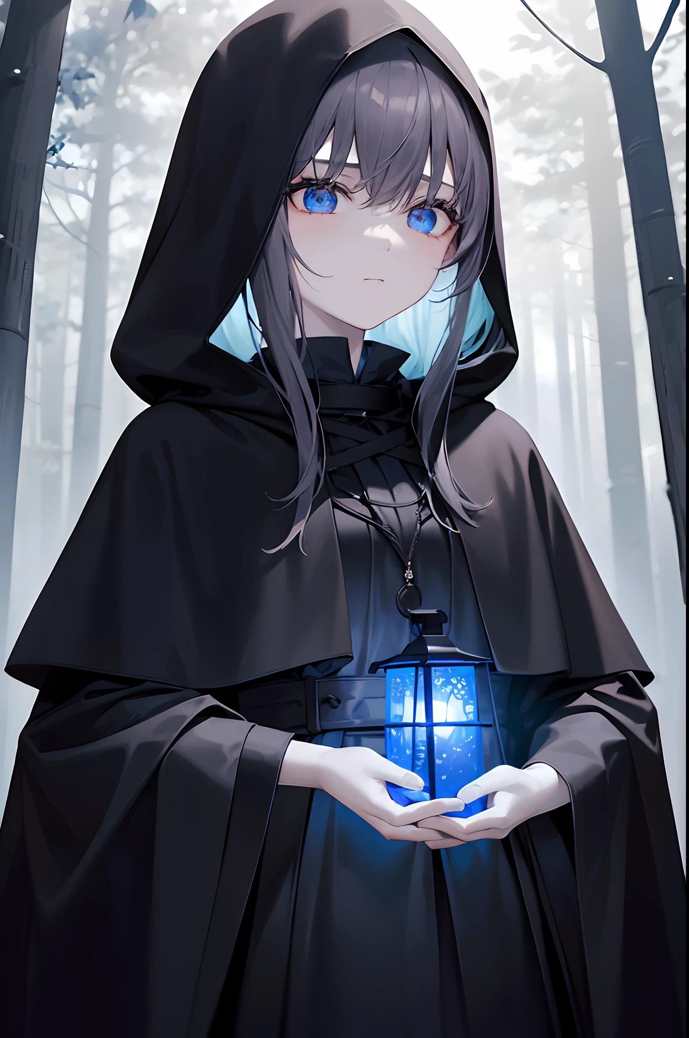 The -yeld giwas wearing a black cloak, Silent, calm, She was in the forest,In his left hand, He held a lantern that glowed blue,Mist,Ghastly,Under the veneer of youth,There is an air of grace and death,He has a pair of eyes that are both clear and mysterious,