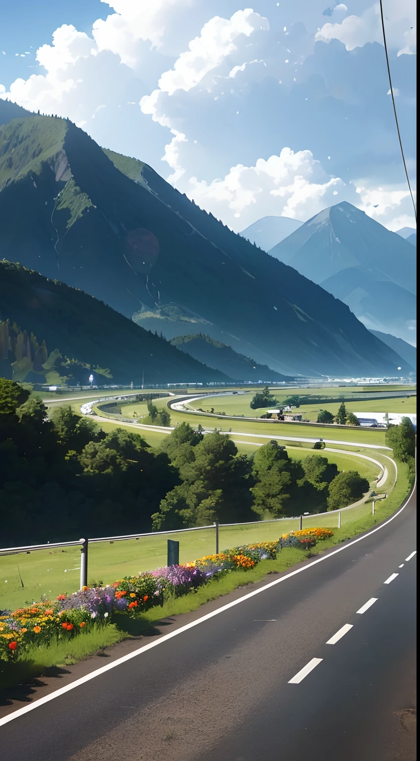 uni, Wide highway, Flowers and trees in the middle and on both sides of the road, Rain or shine, Half of it was rain,Half sunny, Light through the clouds, Raindrops in the air, Mountains in the distance, Mountain vegetation