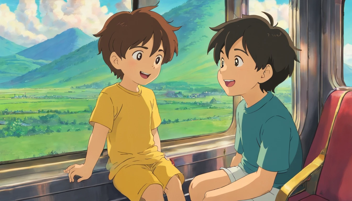 Two little boys, one tall and one short，Sitting on the train，Looking out the train window，laughing very happily，Outside the window, the mountains and fields swept by。