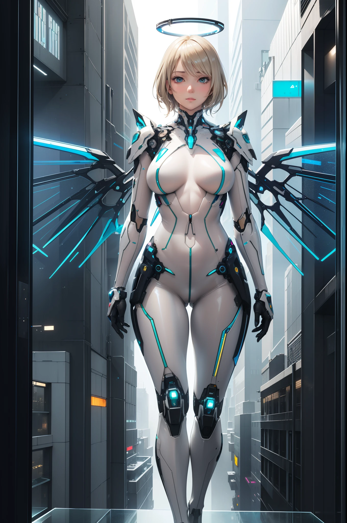 (realistic:1.3), (original:1.3), masterpiece, best quality, a beautiful woman, short blonde hair, ((transparent futuristic glass mech armor)), (nude underneath), neon halo, mechanical wings, perfect slim fit body, large breasts, skyscraper rooftop, realism, elaborate details, late evening, cyberpunk, neon accents