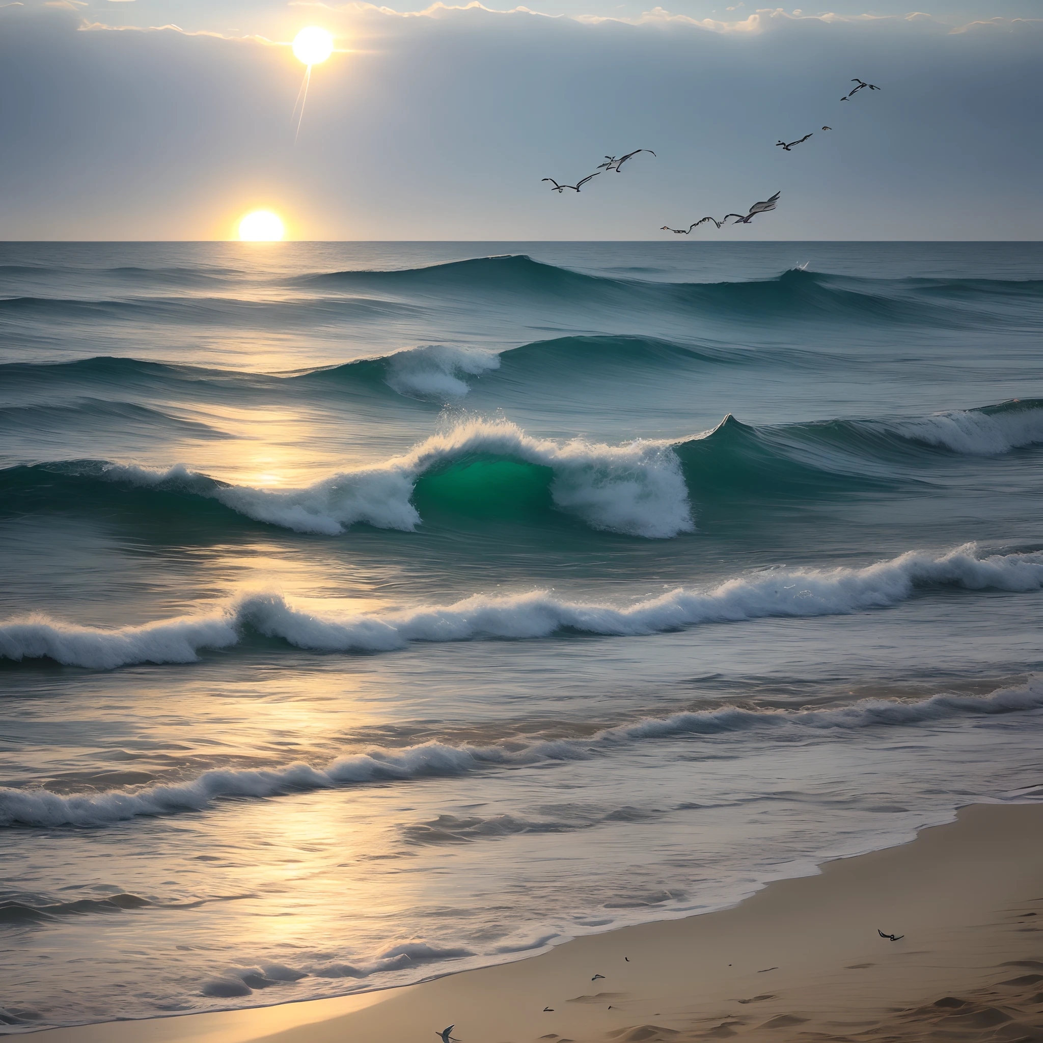 夏天。
Sea and Sun。Crabs walking on the sand。Birds flying over the sea。