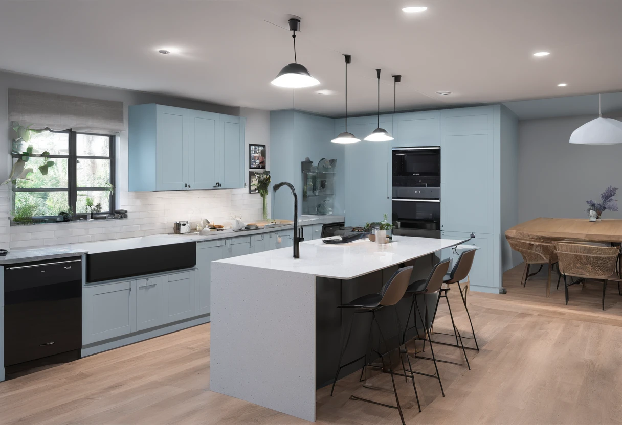 Country style kitchen design, 5m wide, 6m long, light blue, L-shaped kitchen, gray stone surface, light-colored dining table, 8 chairs, black ceiling fan, wooden floor, with cupboards