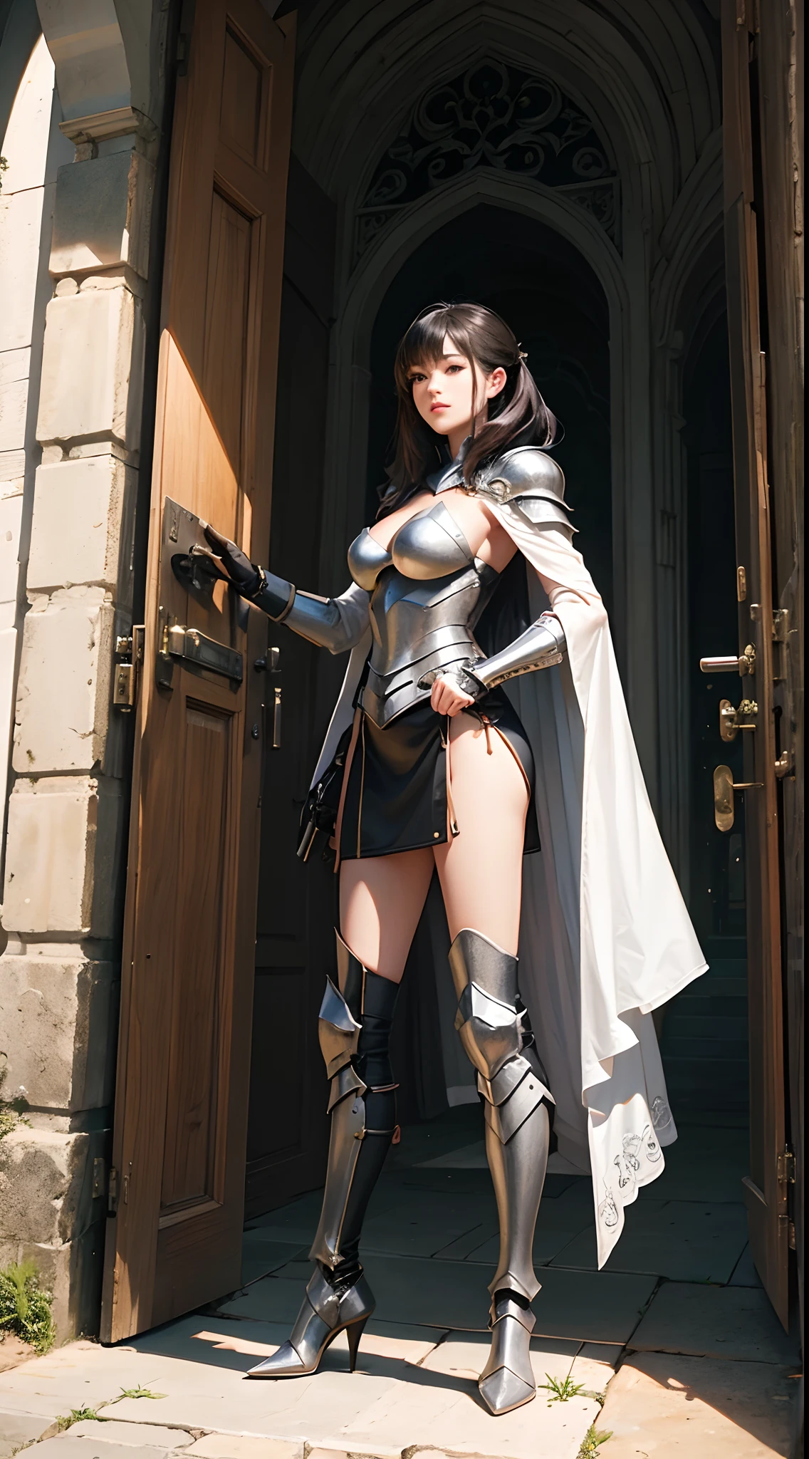 Pretty women、20yr old、a woman in armor、Solo、Black armor、high heels boots、Full body portrait、from side、Woman knight、Slender body、robe、Perfect face and nice perfect face、Surreal concept、8K分辨率、photographic quality、Walk through the ruins、Photorealistic、A detailed eye、smile、of the highest quality、