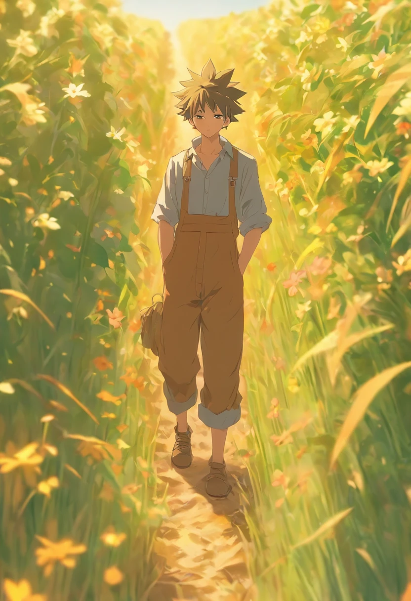 In picture books, There are boys about 15 years old looking at it, With a childlike style, And there are a lot of farmers working in the fields. Surrounded by fields, creating a happy atmosphere. It has a cartoon silhouette,With a sense of healing and creativity, 16k