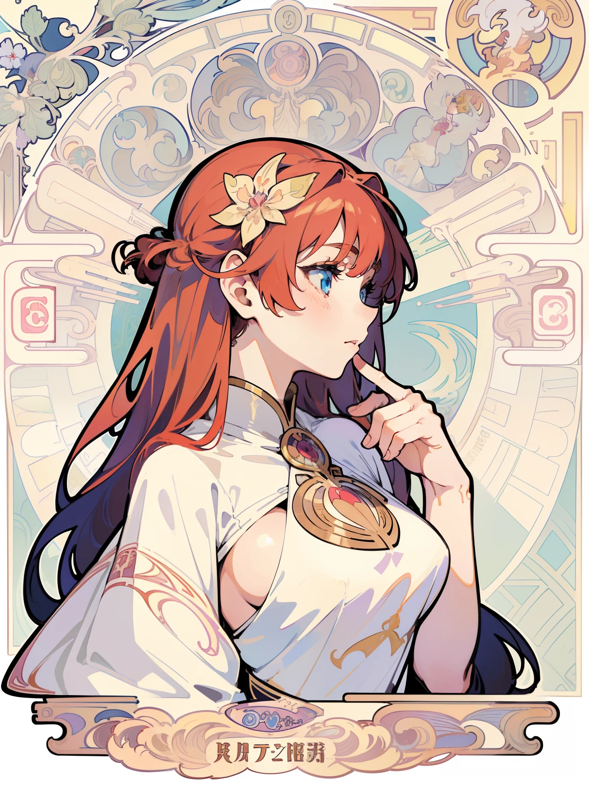 Art Nouveau Style, poster in a theater, (((art by alphonse mucha))), upper body, blush, profile ,(masterpiece, finely detailed beautiful eyes: 1.2), 1girl, solo, beautiful, small details, ultra detailed, best quality, intricate, sharp, digital illustration,1girl, Anime girl with long hair, anime moe art style, Anime visuals of cute girls, Anime Best Girl, itsuki nakano fanart, pretty anime girl, Smooth Anime CG Art, Seductive Anime Girl, charming anime girls, Cute anime girl, Shining eyes, big boobs, red hair, blue eyes, (((white wedding dress dress)))