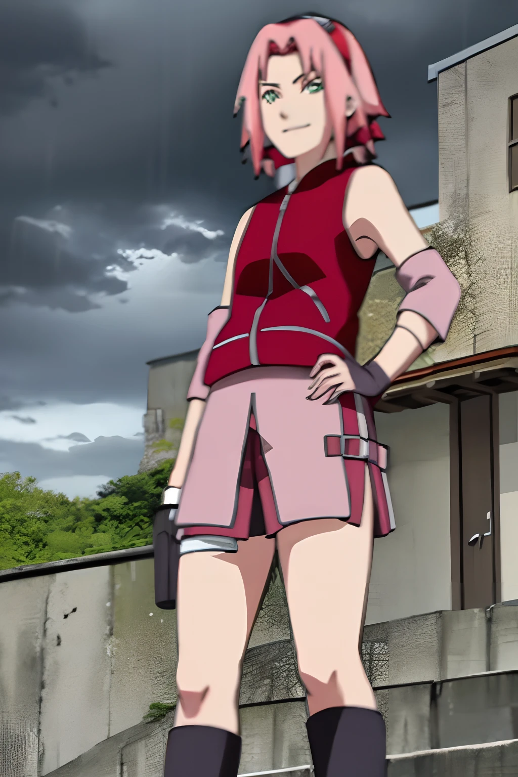 sakura shippuden, masterpiece, best quality, absurdres, solo, woman, badass,  red jacket, bandaged leg, skirt, toeless footwear,  black short, sleeveless, sadism, smirk, looking at viewer, from below,  short hair, bangs, green eyes, small breasts, forehead protector, konohagakure symbol, black gloves, bare shoulders, standing,   outdoors, village background, grey sky, rain,  storm,   dark theme