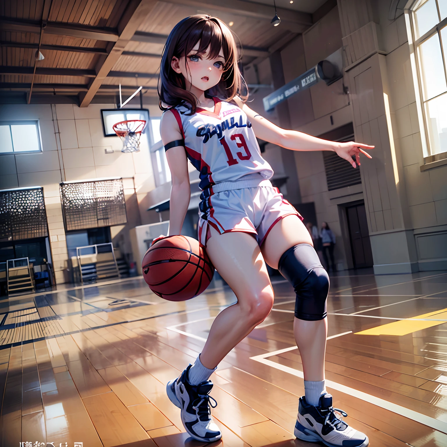 Satsuki Momoi from Kuroko's Basketball, spread legs, sitting on basketball, uplift miniskirt, no panties, look under miniskirt showing pussy