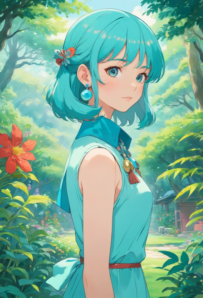 Girl in an anime collar, Long necklaces and earrings, In the style of a tranquil garden landscape, colorful animation stills, Masami Teraoka, aquamarine, paul gauguin, Embry style, Honest portrayal