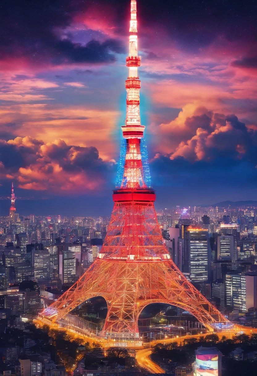 Tokyo Tower、Showa、Retro、Nostalgic, Annual lighting display, cumulonimbus clouds, voluminetric lighting, Big sky natta illuminations