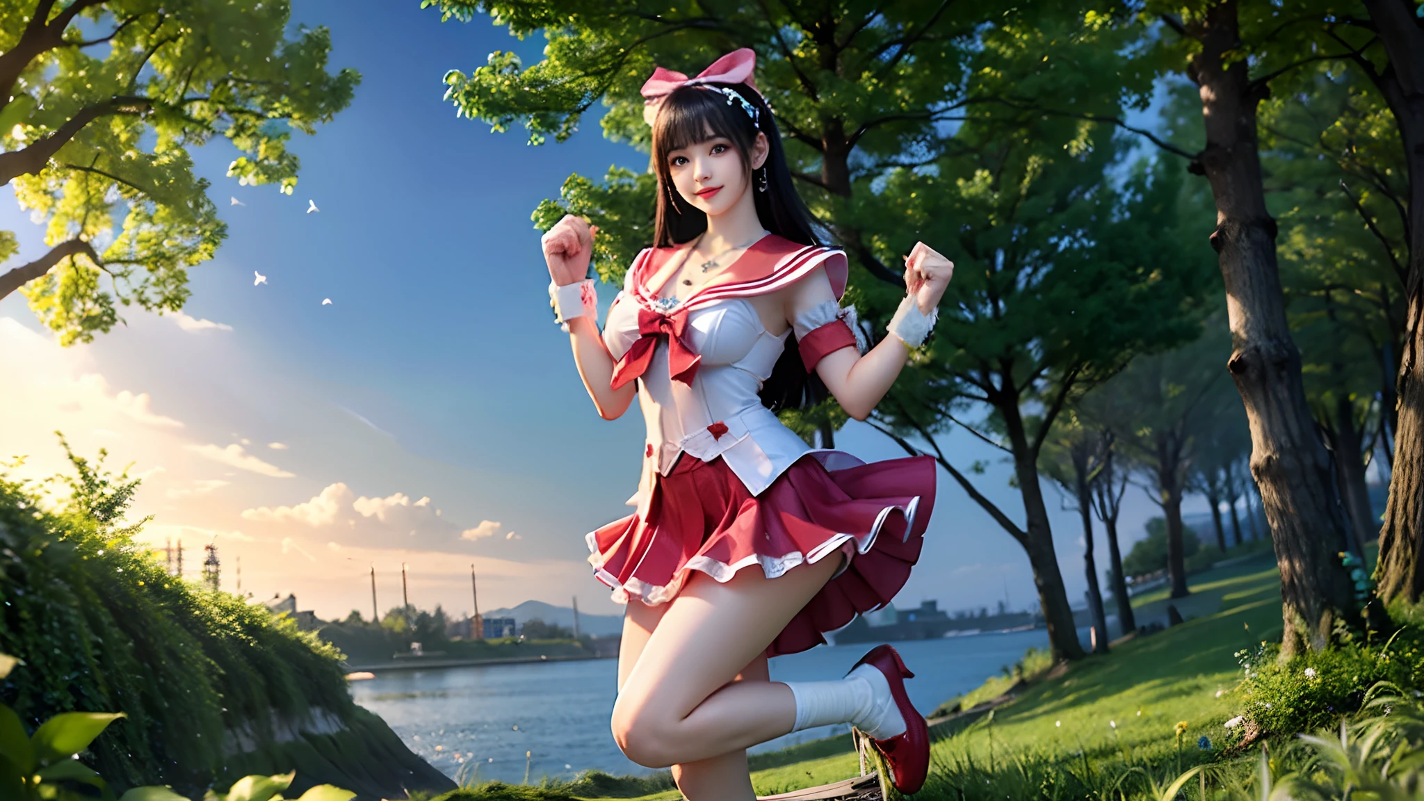 （(HD realistic，SAMA1 level))，Extremely realistic，jay
make，Best quality at best，A high resolution，SAMA1，head gear，Sailor Sensi uniform，((Bigboobs，whitegloves，Red sailor collar，Red skirt，Star necklace，elbowgloves，pleatedskirt，naked leg，Purple bow))，standing on your feet，the space，themoon，Enchanted smile，Stunning and beautiful，Full body photo