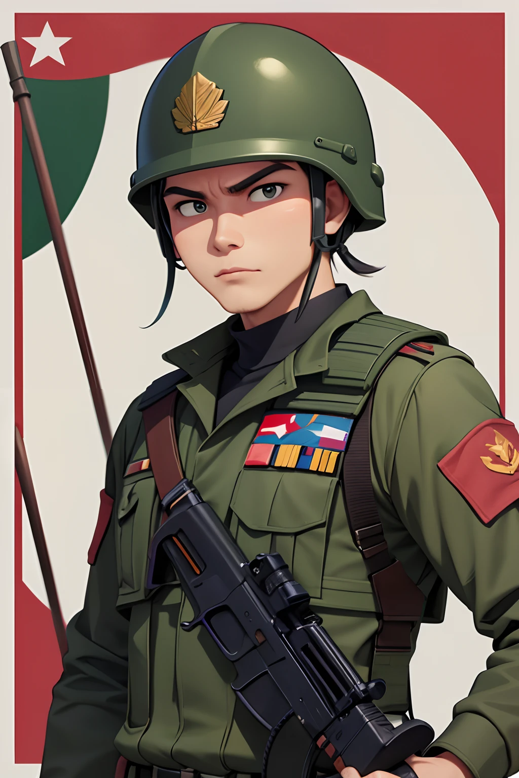 Create a poster, a work of art featuring a strong and determined TNI Indonesian soldier. Portrait of him in a dynamic and war pose without weapon and helmet, showing his dedication to maintaining  war . Use bright colors to emphasize his authority and commitment to his duties.", Indonesia flag