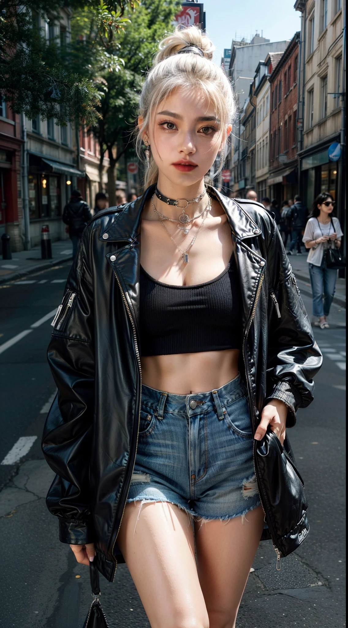 Y2k fashion, y2k outfit, vibrant sunny day, immersed in the vibrant atmosphere of a backstreet. The backstreet scene is alive, a lively backstreet,  and people having fun because backstreet, capturing the spirit of backstreet, backstreet girl, and self-expression that defined the hip-hop culture, midshot, centered image, ultra detail, extremely face detail, extremely eye detail, white hair, 90s printed black fur jacket combine with black lace up top, sweet release denim mini skirt with chain and thorns at side, skull chocker necklace, thorns chocker necklace