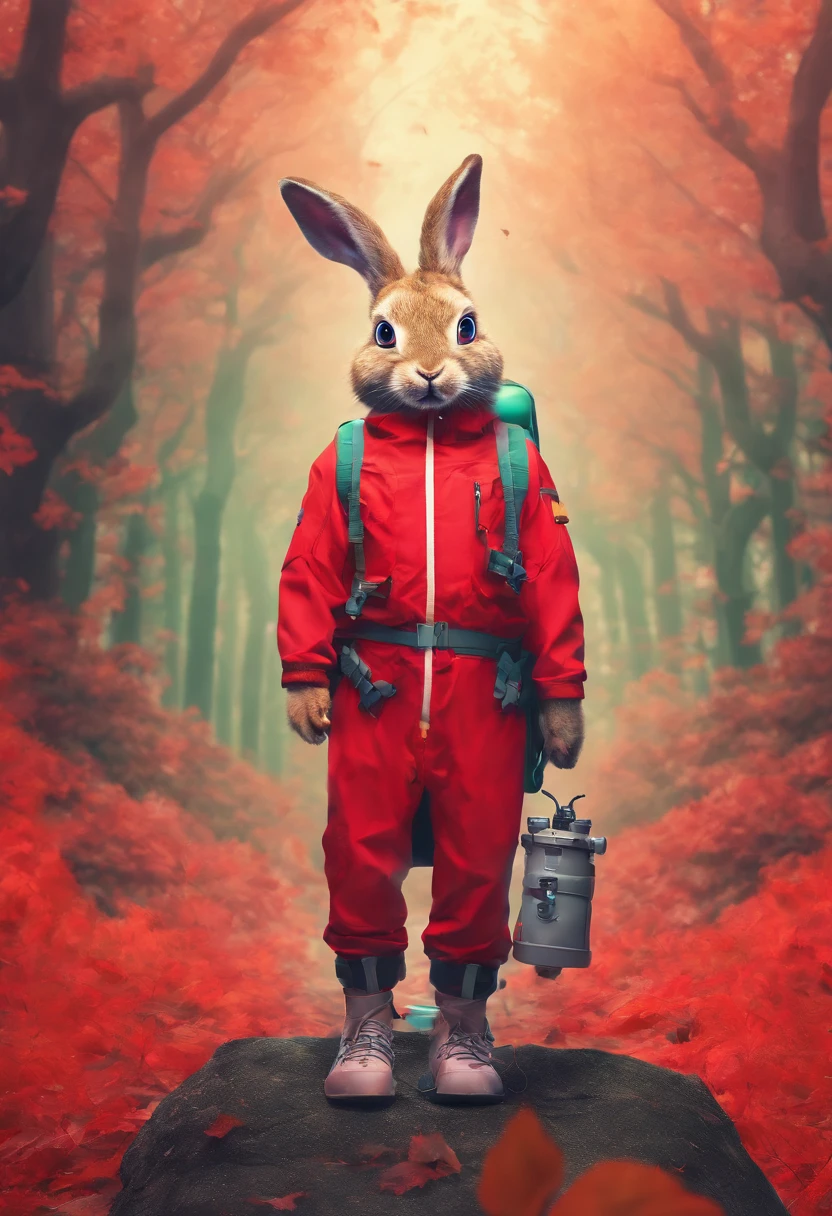 3D rendering of (Photograph of a rabbit with a telescope hanging on an expedition standing on the path between the autumn leaves), hairy, Big green bright eyes, (Binoculars hanging from your chest:1.37), The rabbit is dressed in a green fashion adventure outfit,green shorts, Red hiking boots on the feet, cute ears, Red and green camping hats, Carry a green backpack with you, trowels, camping equipment, Compass,
Curious to explore expressions, Cartoon, 4D, Fox,at centre,Three-point system
Add a little background: Autumn Leaf Forest Trail Red Forest, autumn forest, red illuminating fog, In a red dream, really beautiful forest, Beautiful forest, Beautiful hazy wood, Red shade spray, Breathable and beautiful trees, breath-taking beautiful trees, red fog, beautiful forests and trees, Bright but dark red, red trees,
{{Masterpiece}}, {{{Best quality}}}, {{Ultra-detailed}}, {{{illustration}}},concept art of character,Game scene graph,Clear facial features,close up photograph,Photography,postapocalyptic,Masterpiece,archviz/building rendering,rendering,corona rendered,rendering by octane,v-ray,High detail,hyper qualit,high resolution,trending on artstationh,hyper photorealism,surrealism,k hd,8K tilt shift,Long shot,Split Lighting,
