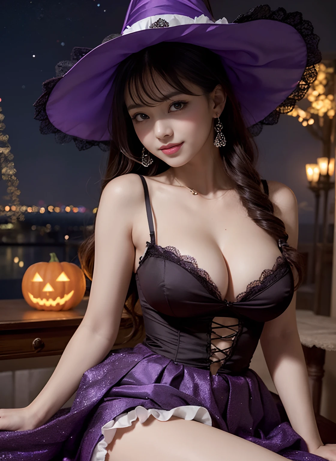 /*Quality writing*/
of the highest quality, 80k, masutepiece, hyperdetailed face, very detailed lips, Detailed eyes, Realistic pupils,ultra-detailed hair,
BREAK,
/*Characters and expressions*/
(Extremely beautiful girl:1.3), Asian Girl, 1 girl, Light on Face, 18 years old, (((Very sweet smile))), 
BREAK
/*garments*/
(Gothic fashion:1.1), See-through, Fluffy ruffles, (Gothic Maid:1.1), (Bright Purple Rouge:1.2), (Bewitching costumes:1.3), (Purple and yellow shades:1.2), (Extravagant ruffles and lace:1.2), (voluminous skirt:1.3), (Emphasized sufficient cleavage:1.1), Enjoy Halloween, (witch's hat), (Golden Pendant Necklace), 
BREAK  
/*Pose*/
(Lift the hem of the skirt, Lift the hem of the skirt with both hands, Lift the hem of the skirt yourself), (Show panties:1.3), nice hand, Perfect hands, Perfect breasts
BREAK
/*Angular posture*/
(Sparkling night sky:1.2), (Festive carnival atmosphere:1.3), (lots of flower:1.2), carnival, Halloween, Town, (Halloween Party:1.2), jack-o-lanterns, Bat, Looking at Viewer