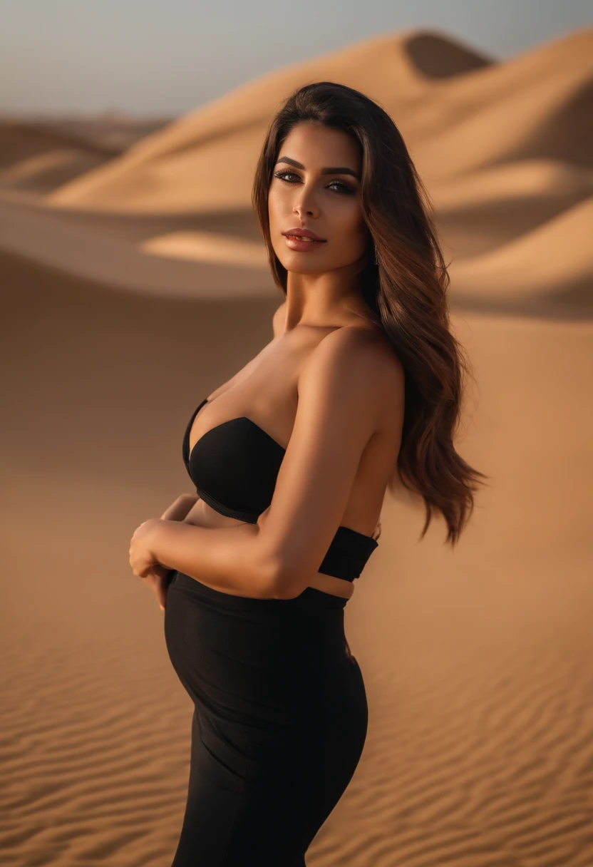 ultra realistic, in Dubai, in the dessert, Dubai in the background, ridding a camel, fit, athletic, big tits, boobs, full body, photo, 8k, realistic, 21-year-old female, bright, muted colors, high detail, extremally detailed, big boobs, beautiful hair, confident, Lustful, sexy, in classy black dress, sexy outfit, Abs, attractive, HDR camera
