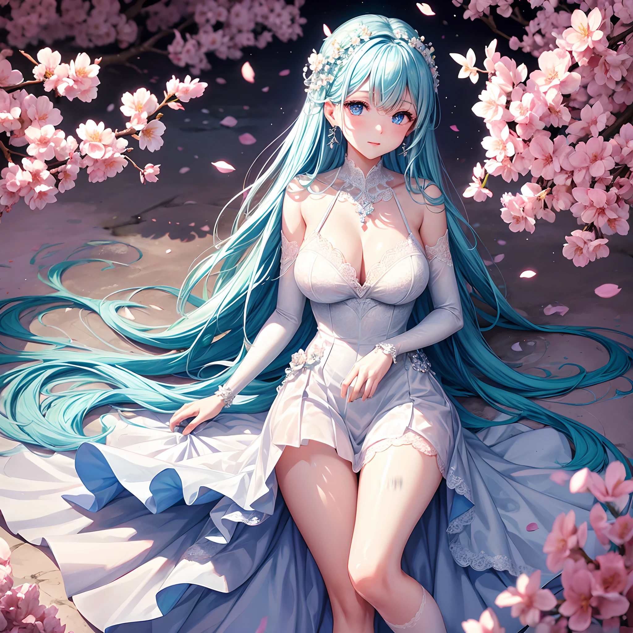 cherry_blossoms, Falling_petals, petals, branch, Pink_flower, 1girll,20yr old, Blue_sky, Spring_\(season\), petals_On_Liquid, flower, hanami, dress, (Long straight blue hair:1.5), Wear a garland, sky,exteriors,clouds,By bangs,ssmile,Blue eyes,White wedding dress,white lace legwear,Diamond crystal heels,Lace white gloves,exposed bare shoulders,diamonds earrings,Detail enhancement。Slim hands,perfect hand,Holding_flower,ventania,The tree,Looking_at_peeping at the viewer,best qualtiy,detail-rich,Bra suspenders,Golden ratio figure,Thin waist,Thin leg,Perfect image quality。