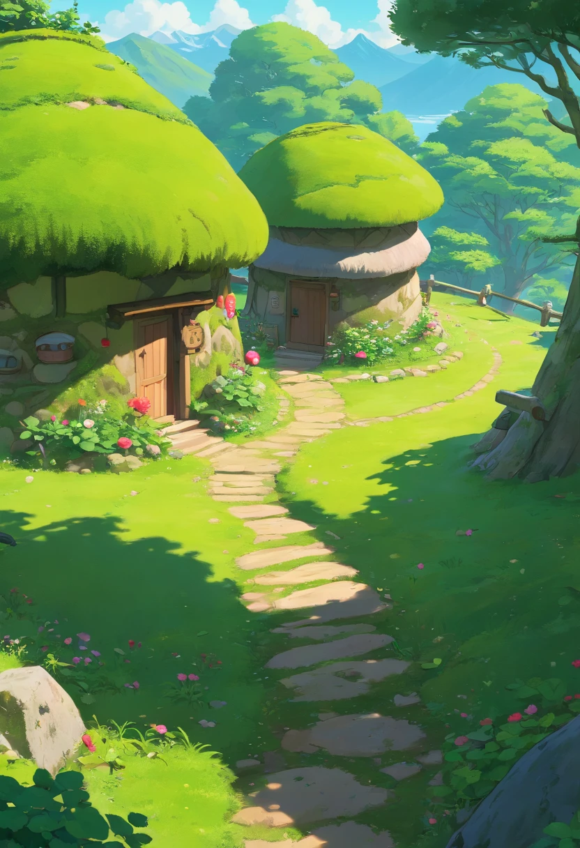 Masterpiece, Best Quality, (Highly detailed CG unity 8k wallpaper), (Best Quality), (Best Illustration), (best shadows), Moss-covered round radish hut, isometric 3D , Octane rendering, 光线追踪, highly detaild