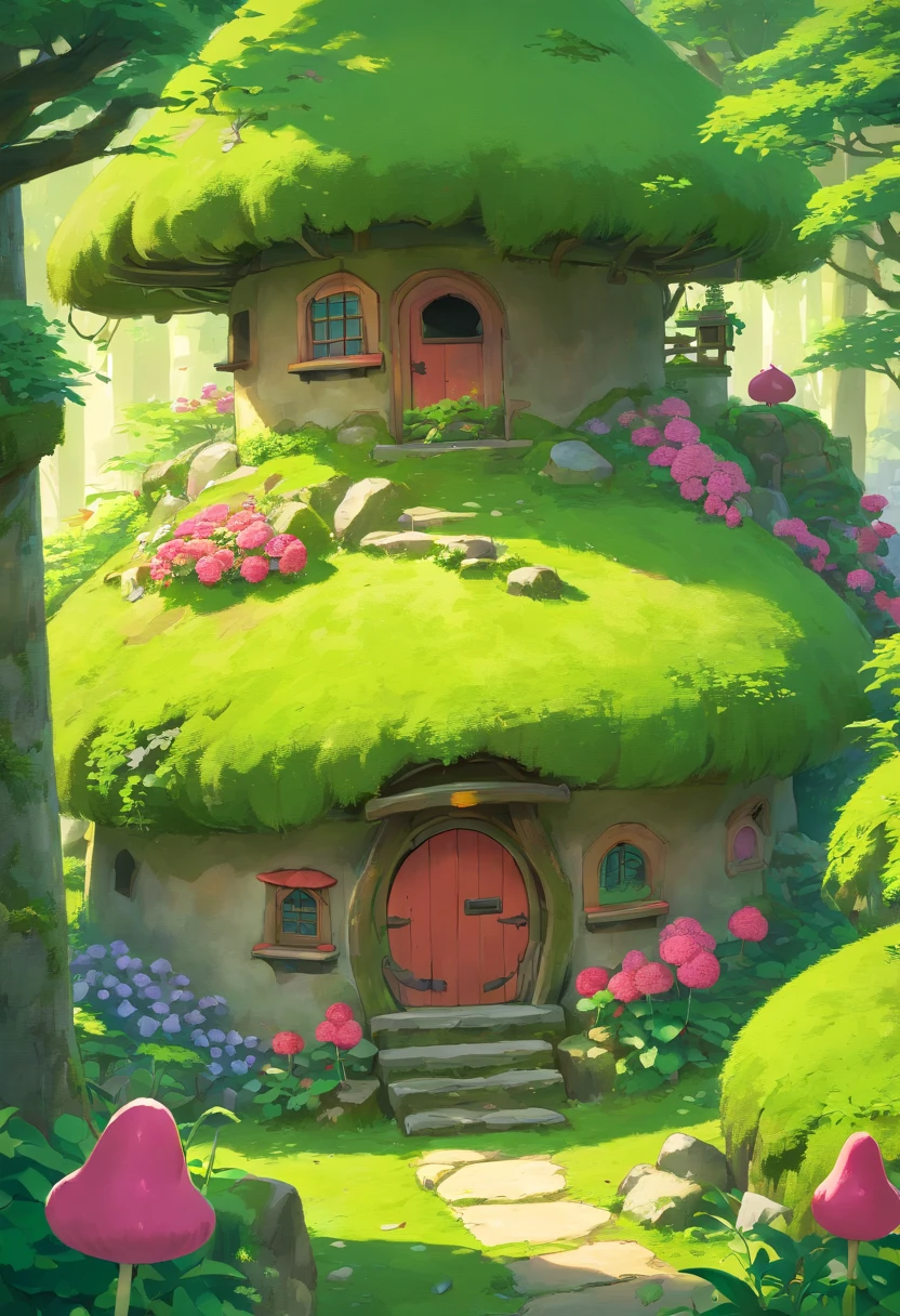 Masterpiece, Best Quality, (Highly detailed CG unity 8k wallpaper), (Best Quality), (Best Illustration), (best shadows), Moss-covered round radish hut, isometric 3D , Octane rendering, 光线追踪, highly detaild