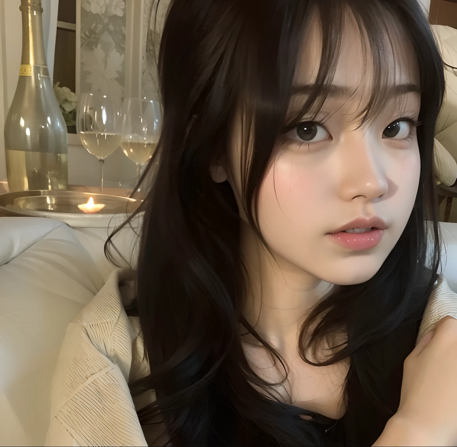 There's a woman who's sitting on a couch with a cell phone, Ulzzang, Ela tem cabelo preto com franja, Jinyoung Canela, com franja, Lalisa Manobal, franja fofa, cabelo arrumado com franja, coreana, young cute wan asian face, young adorable korean face, cabelos longos com franja, branco hime corte penteado, Mulher sul-coreana bonita