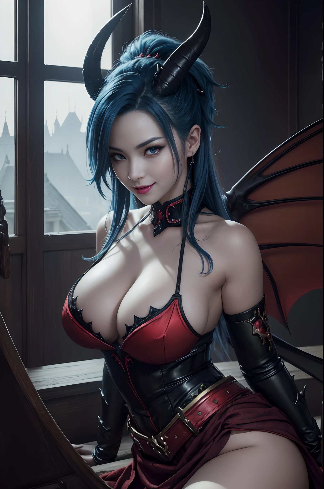 (Beautiful fece(Devil Woman:1)portraitures:1.5)Hellscape with castles and hordes of demons(((​masterpiece)))、((top-quality))、A MILF,redeyes,Sexy Armor,Black and gold skirt real、8K、ultra-detailliert、realisitic、landscapes、concept-art、exceptionally detailed RAW color photo、Side angle、(lensflare:0.7)、particle effect、Ray traching、cinematlic lighting、Shallow depth of field、photographed on a Sony Alpha 1、50mm wide angle lens、foco nítido、Cinematic Film Still、 dynamicposes、、(realisitic:1.3)、Blue-haired mohawk,Large bat wings,cold smile,Sexy Succubus,Devil Lady,Glowing red eyes.large full breasts,gazing at viewer,超A high resolution,Fangs visible from the mouth,