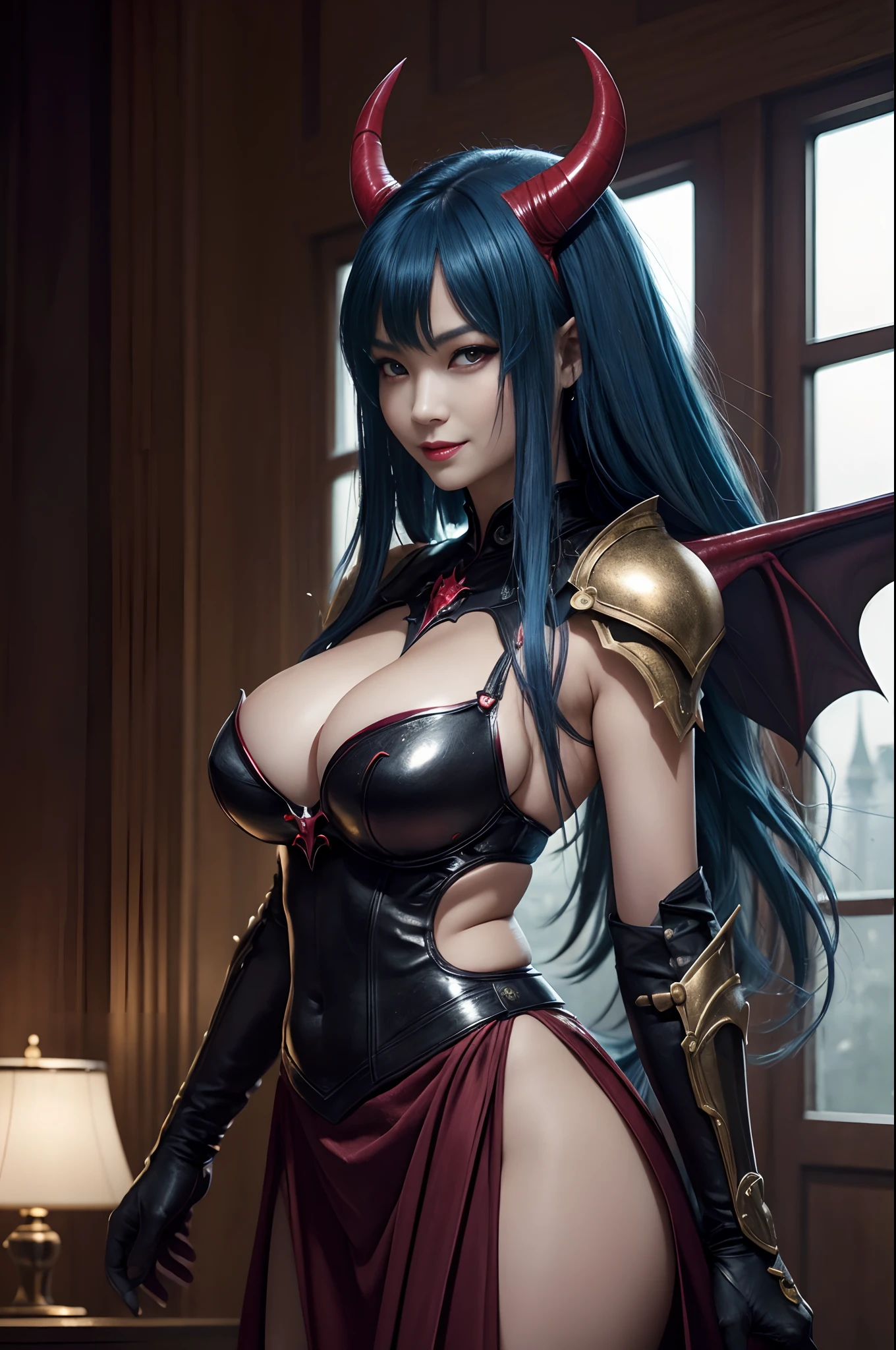 (Beautiful fece(Devil Woman:1)portraitures:1.5)Hellscape with castles and hordes of demons(((masterpiece)))、((top-quality))、A MILF,redeyes,Sexy Armor,Black and gold skirt real、8K、ultra-detailliert、realisitic、landscapes、concept-art、exceptionally detailed RAW color photo、Side angle、(lensflare:0.7)、particle effect、Ray traching、cinematlic lighting、Shallow depth of field、photographed on a Sony Alpha 1、50mm wide angle lens、foco nítido、Cinematic Film Still、 dynamicposes、、(realisitic:1.3)、Blue-haired mohawk,Large bat wings,cold smile,Sexy Succubus,Devil Lady,Glowing red eyes.large full breasts,gazing at viewer,超A high resolution,Fangs visible from the mouth,