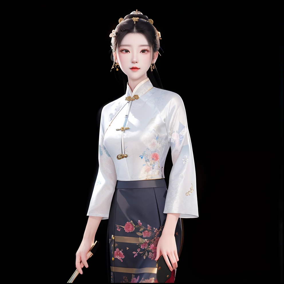 a close up of a woman in a skirt and blouse holding a knife, inspired by Sim Sa-jeong, inspired by Yao Tingmei, inspired by Lü Ji, digital art of an elegant, inspired by Ma Yuanyu, inspired by Wang Lü, inspired by Lan Ying, cheongsam, inspired by Min Zhen, inspired by Dai Xi