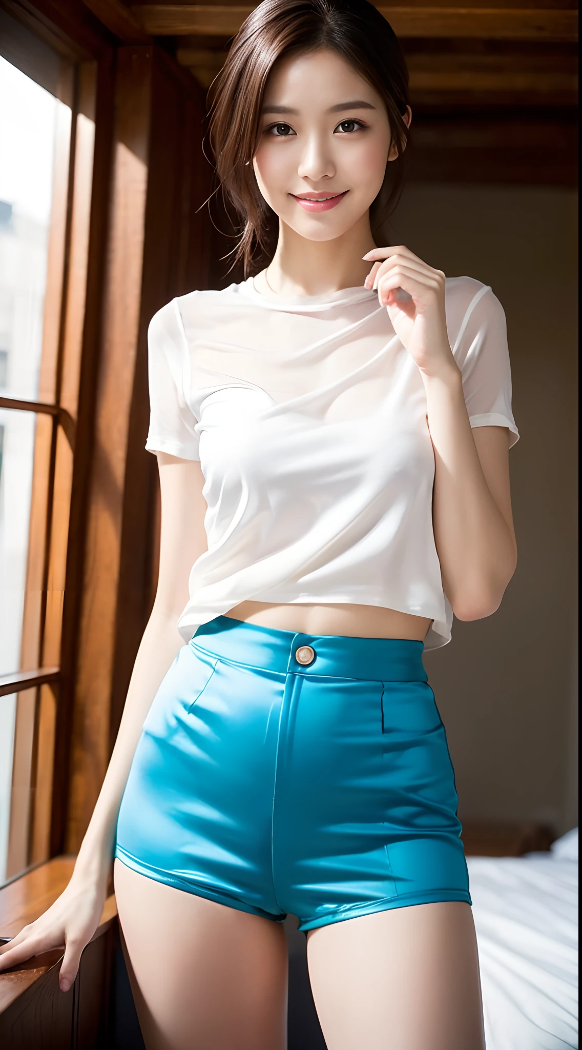 (Mai Shiraishi, light blue see-through shirt, light blue pleats skirt, cowboy shot, back shot, back view, looking ahead, arched back, arms up, dark brown very short hair, gigantic breasts, side boobs, standing)))), (((masterpiece, best quality, highly detailed, absurdres, RAW photo, ultra high resolution)))), Highly detailed face and skin texture, Detailed eyes, Sharp focus, An asian young and beautiful girl, White skin, Real human skin, Oval face, Pore, Gentle and goddess-like eyes, lip gloss, eyelashes, gloss face, wide lighting, natural shading, small waist, slender body, slight smile, clear features, beautiful face, double eyelids, sagging eyes, at office