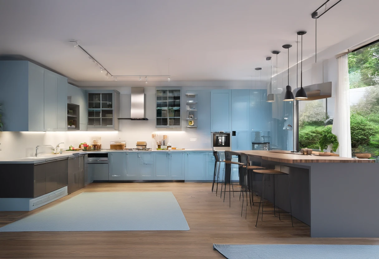 Country style kitchen design, garden view, wide glass door, room 5m wide, 6m long, light blue color, L-shaped kitchen, gray stone surface, light-colored dining table, 8 black chairs, colored ceiling fan Black, wooden floor, TV cabinet