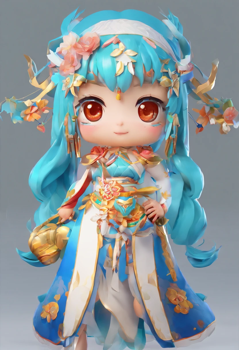 Three View,up front view、the sideview,posterior view,Cartoon girl with blue hair wearing red Tang Dynasty style clothes, Stylized anime, advanced digital chibi art, close up character, Anime Stylization, , cute character, tchibi, Chibi Art, Cute detailed digital art, highly detailed character,, character art closeup, Digital anime illustration, the goddess artemis smirking