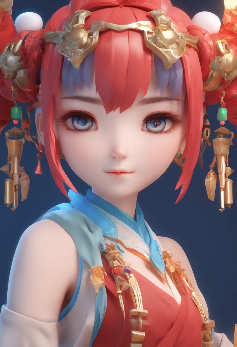 Three View,up front view、the sideview,posterior view,Cartoon girl with blue hair wearing red Tang Dynasty style clothes, Stylized anime, advanced digital chibi art, close up character, Anime Stylization, , cute character, tchibi, Chibi Art, Cute detailed digital art, highly detailed character,, character art closeup, Digital anime illustration, the goddess artemis smirking