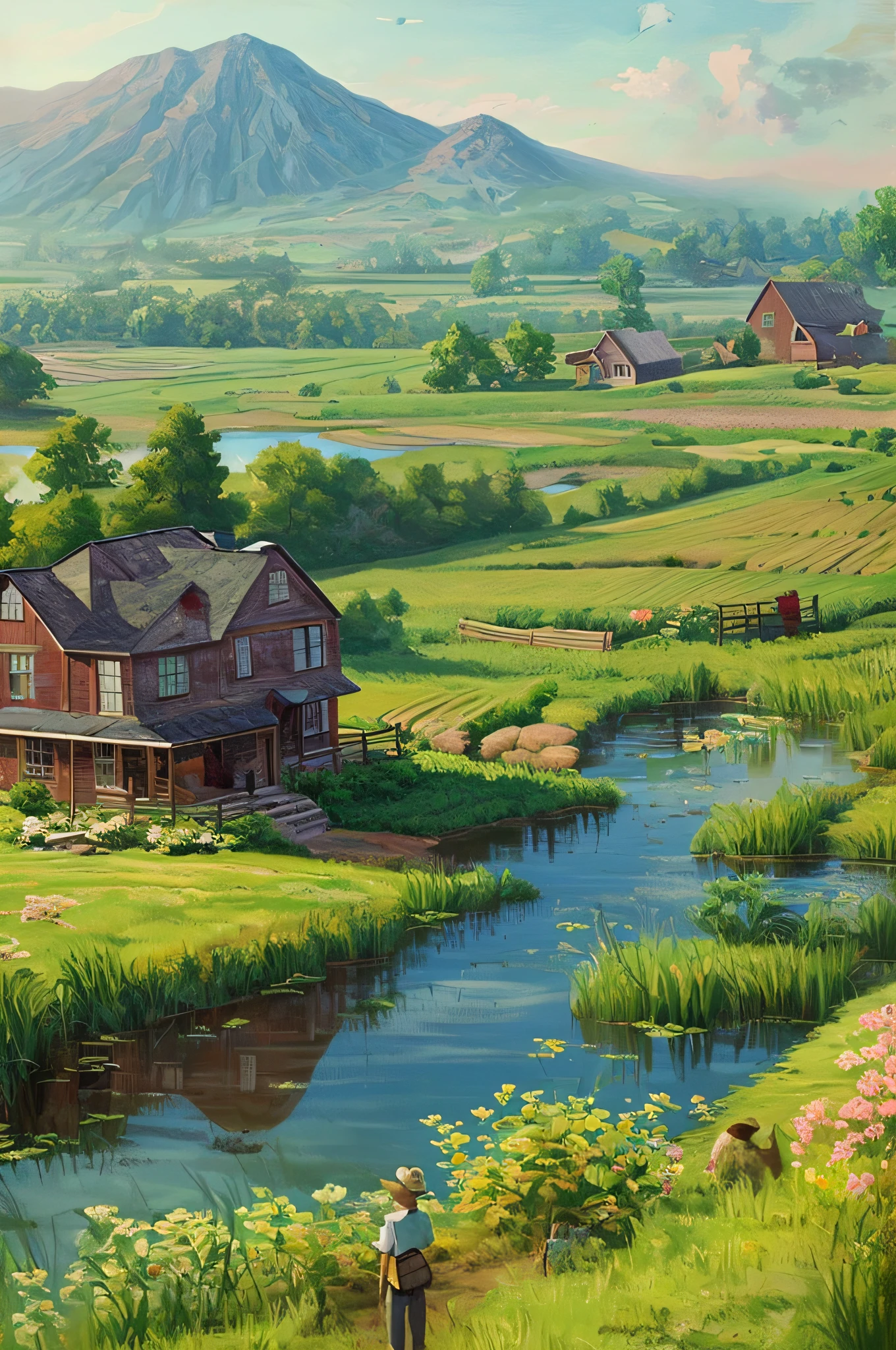 With the American farm as the background, digital painting creator Dai Jin's illustrations depict an anime-style rural landscape with pure colors and rich details, which is very beautiful and full of artistic sense. The details of the house and pond in the picture are rich and realistic, showing the effect of real oil painting, which is amazing. (farm, American scene, anime rural landscape, digital painting, rich details, oil painting effect, artistic sense)